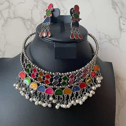 Oxidized Multicolor Hasli Set: Navratri Garba Choker & Earrings