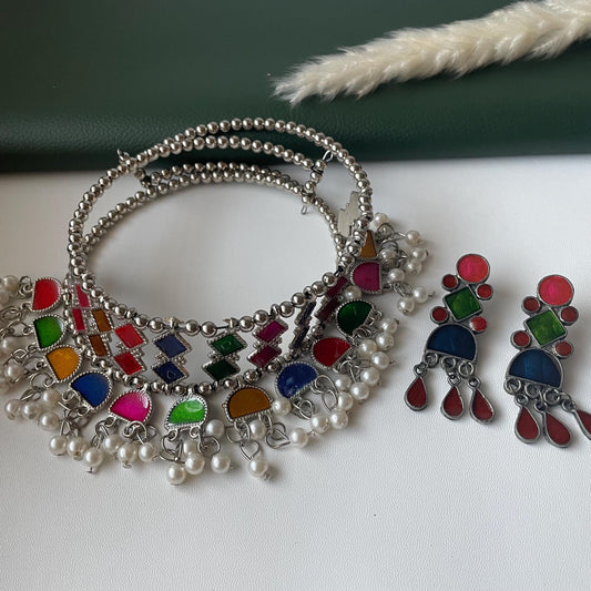 Oxidized Multicolor Hasli Set: Navratri Garba Choker & Earrings
