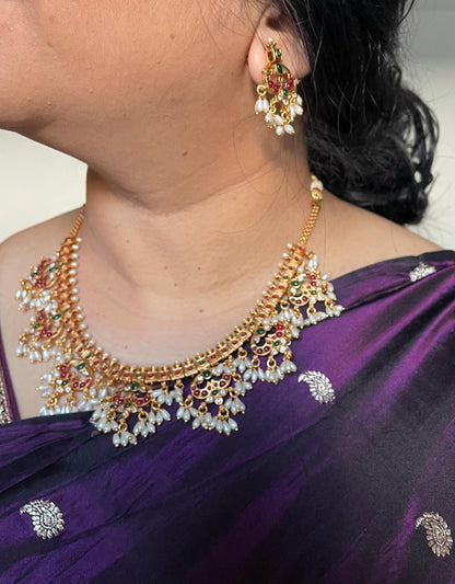 Kemp Stone & Pearl Gold Plated Necklace Set: South Indian Temple Jewelry