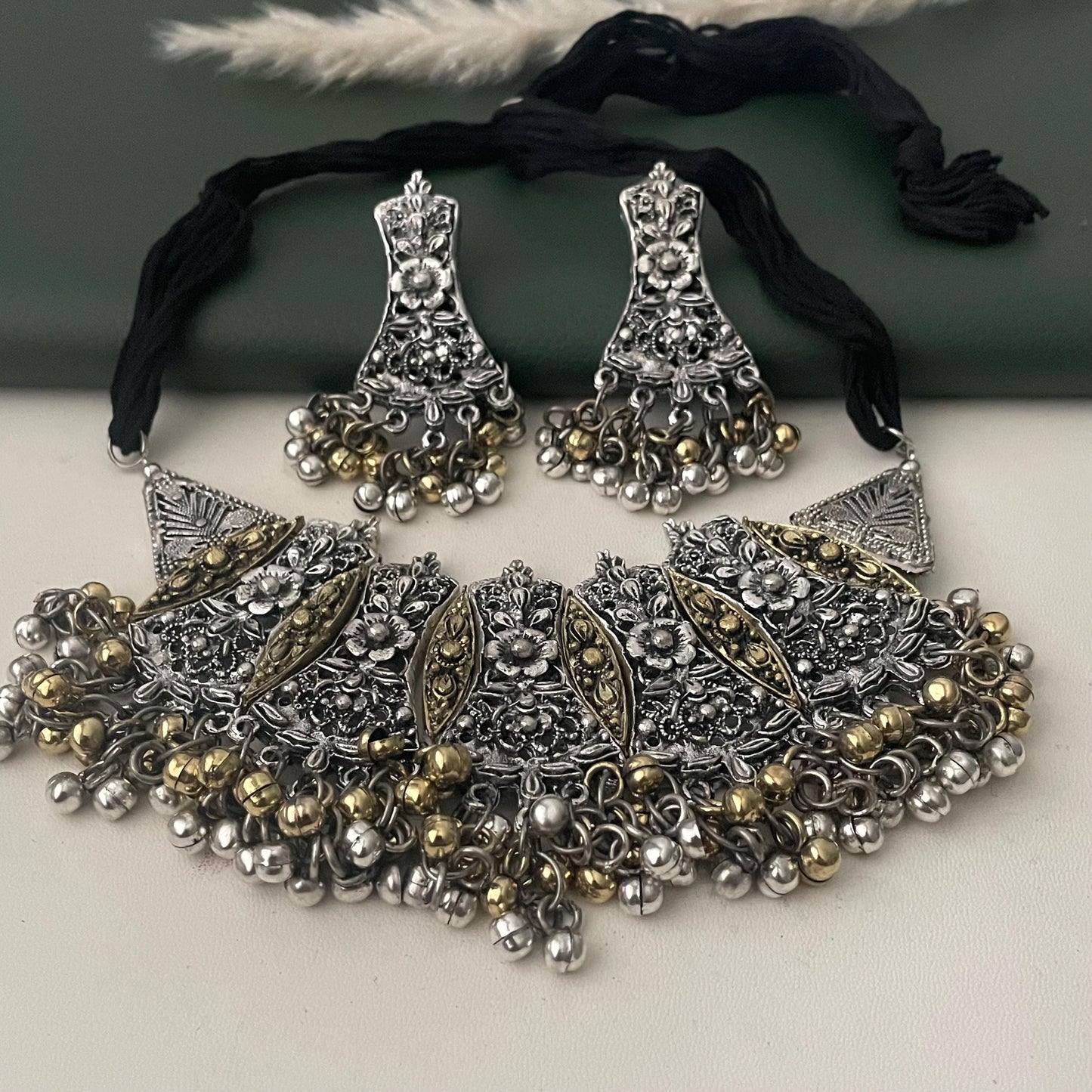 Dual tone choker | Black Oxidised ghungaroo necklace with earrings | Bollywood Jewelry