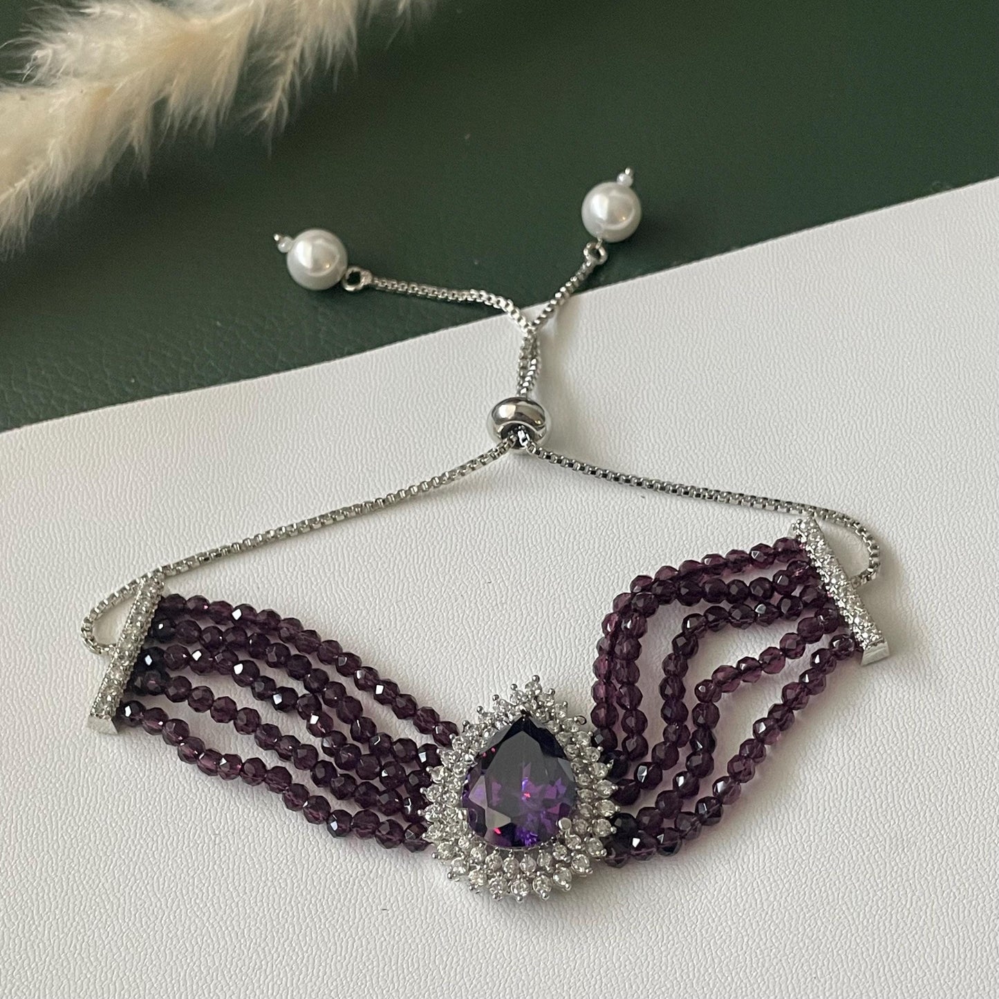 Rhodium Plated Cubic zirconia violet Bracelet: Adjustable Retractable Design