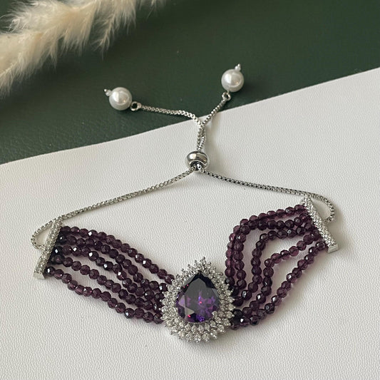 Rhodium Plated Cubic zirconia violet Bracelet: Adjustable Retractable Design