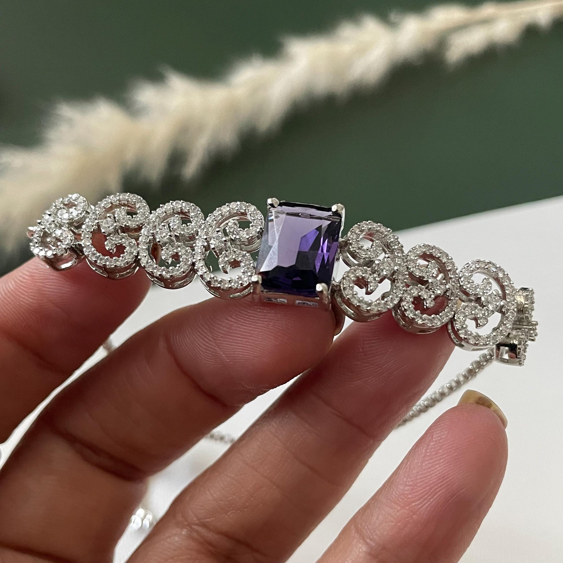 Rhodium Plated Cubic zirconia violet Bracelet: Adjustable Retractable Design