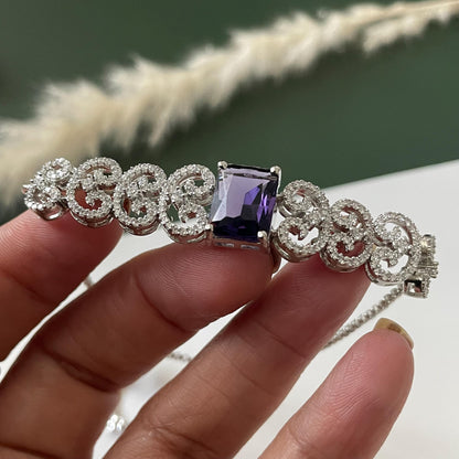 Rhodium Plated Cubic zirconia violet Bracelet: Adjustable Retractable Design