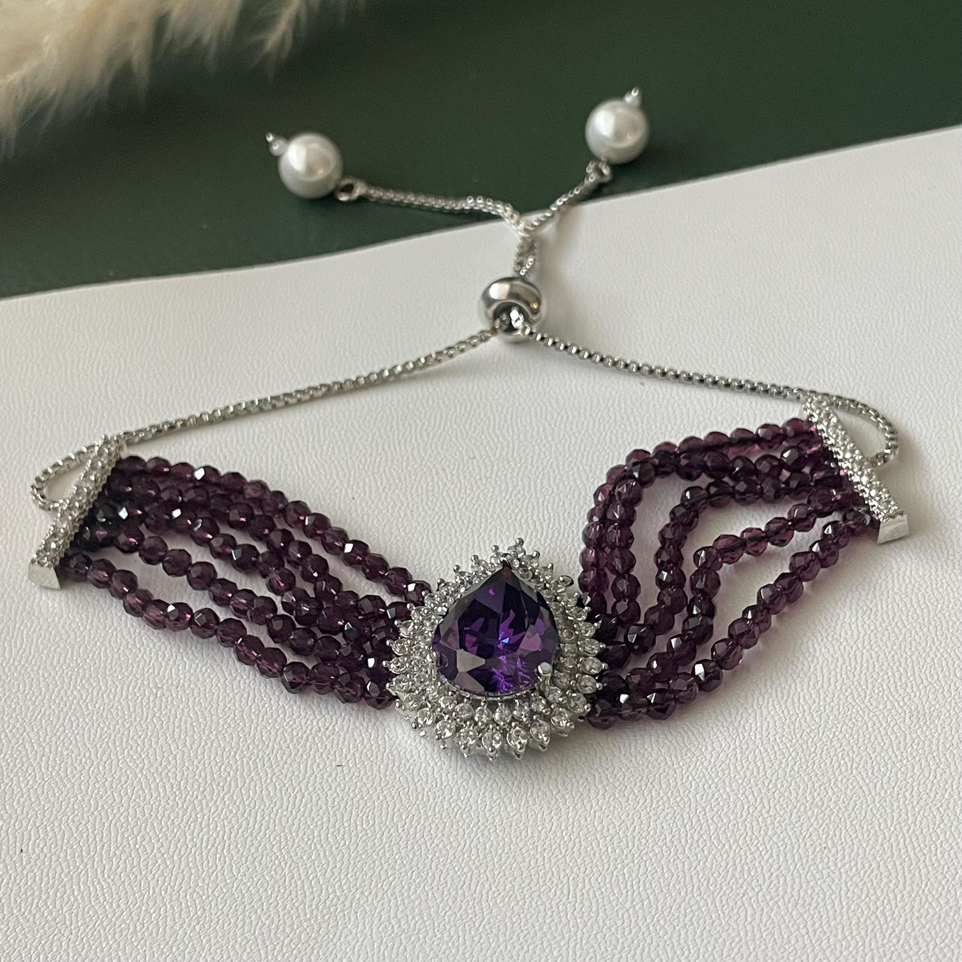 Rhodium Plated Cubic zirconia violet Bracelet: Adjustable Retractable Design
