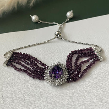Rhodium Plated Cubic zirconia violet Bracelet: Adjustable Retractable Design