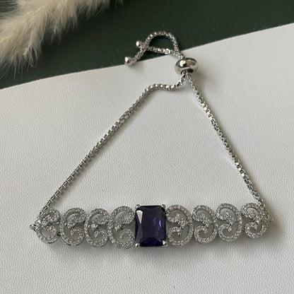 Rhodium Plated Cubic zirconia violet Bracelet: Adjustable Retractable Design