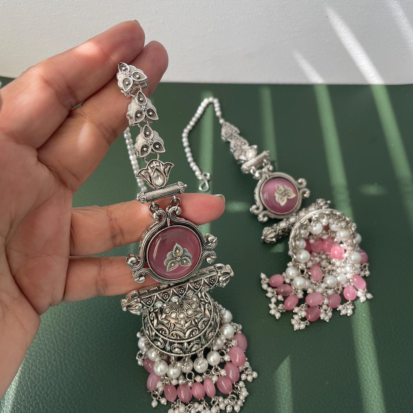 Statement Jhumka Earrings: Silver Lookalike with Blue, Pink & Sky Blue Beads