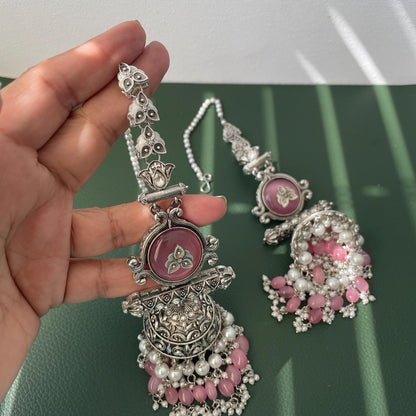 Statement Jhumka Earrings: Silver Lookalike with Blue, Pink & Sky Blue Beads
