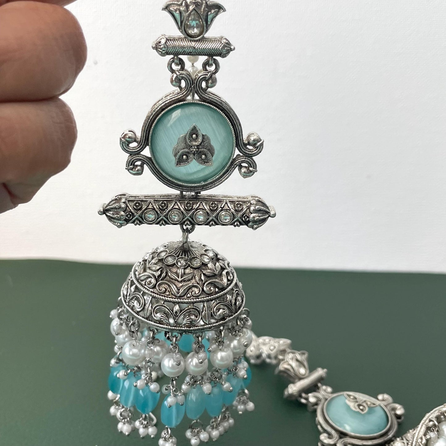 Statement Jhumka Earrings: Silver Lookalike with Blue, Pink & Sky Blue Beads