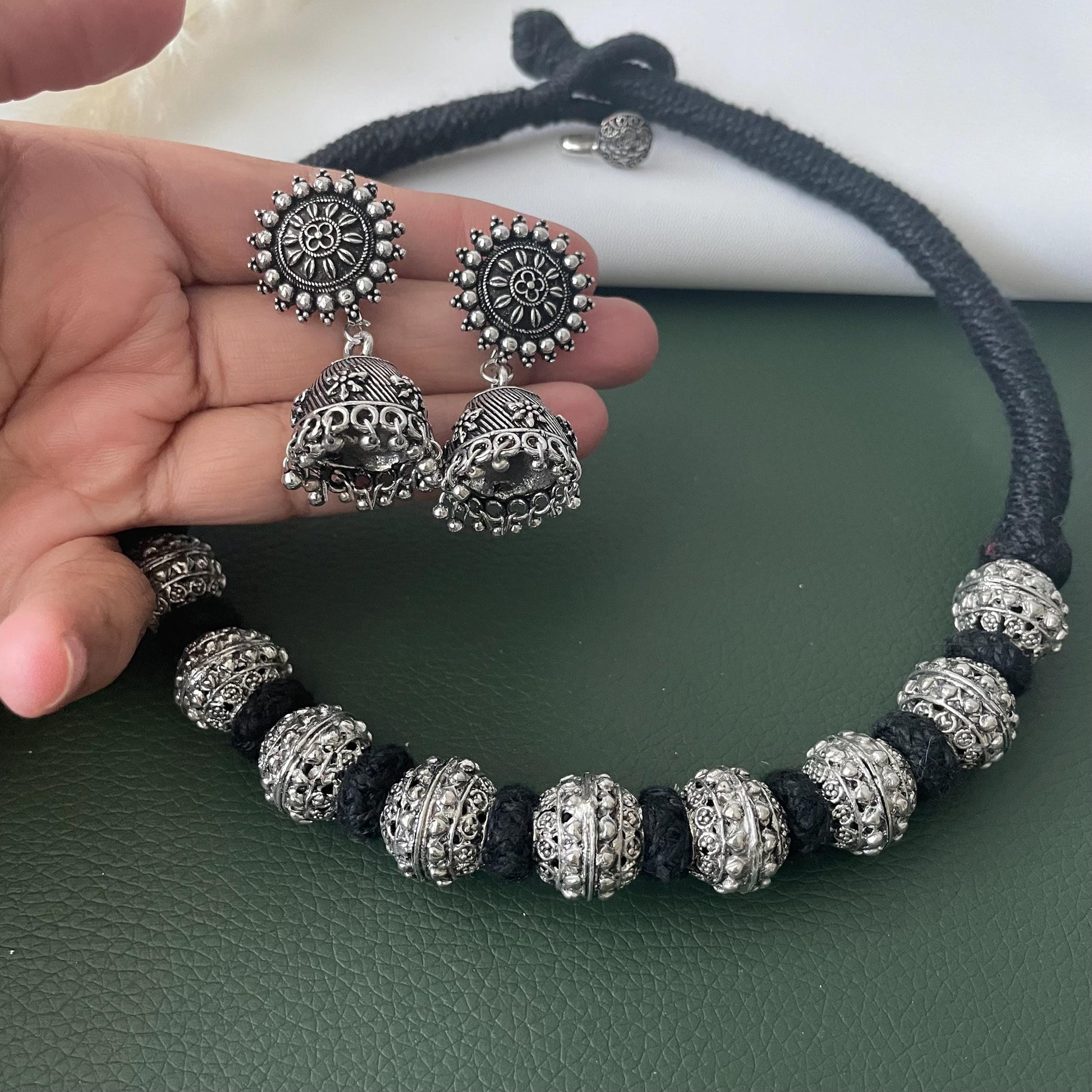 Oxidized Thread Necklace: Indian Bollywood Jewelry, Adjustable Length