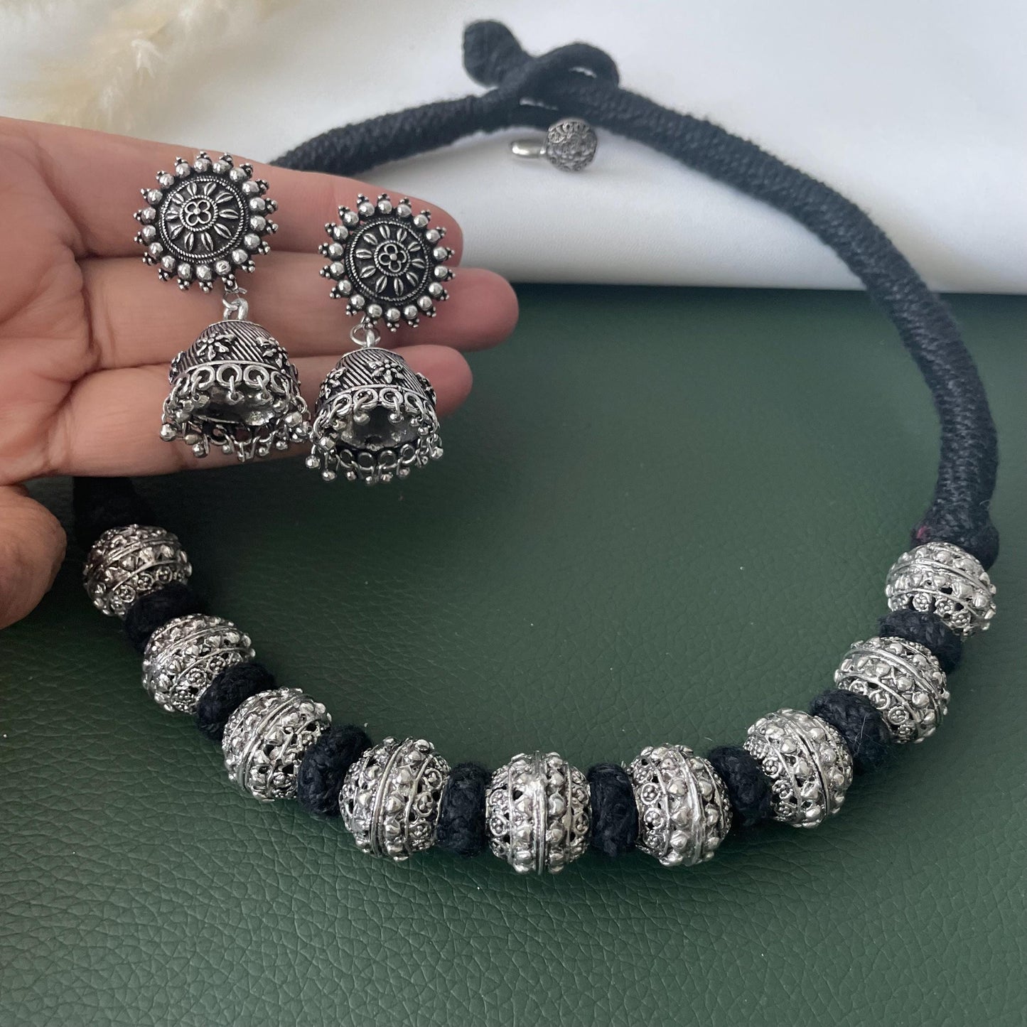 Oxidized Thread Necklace: Indian Bollywood Jewelry, Adjustable Length