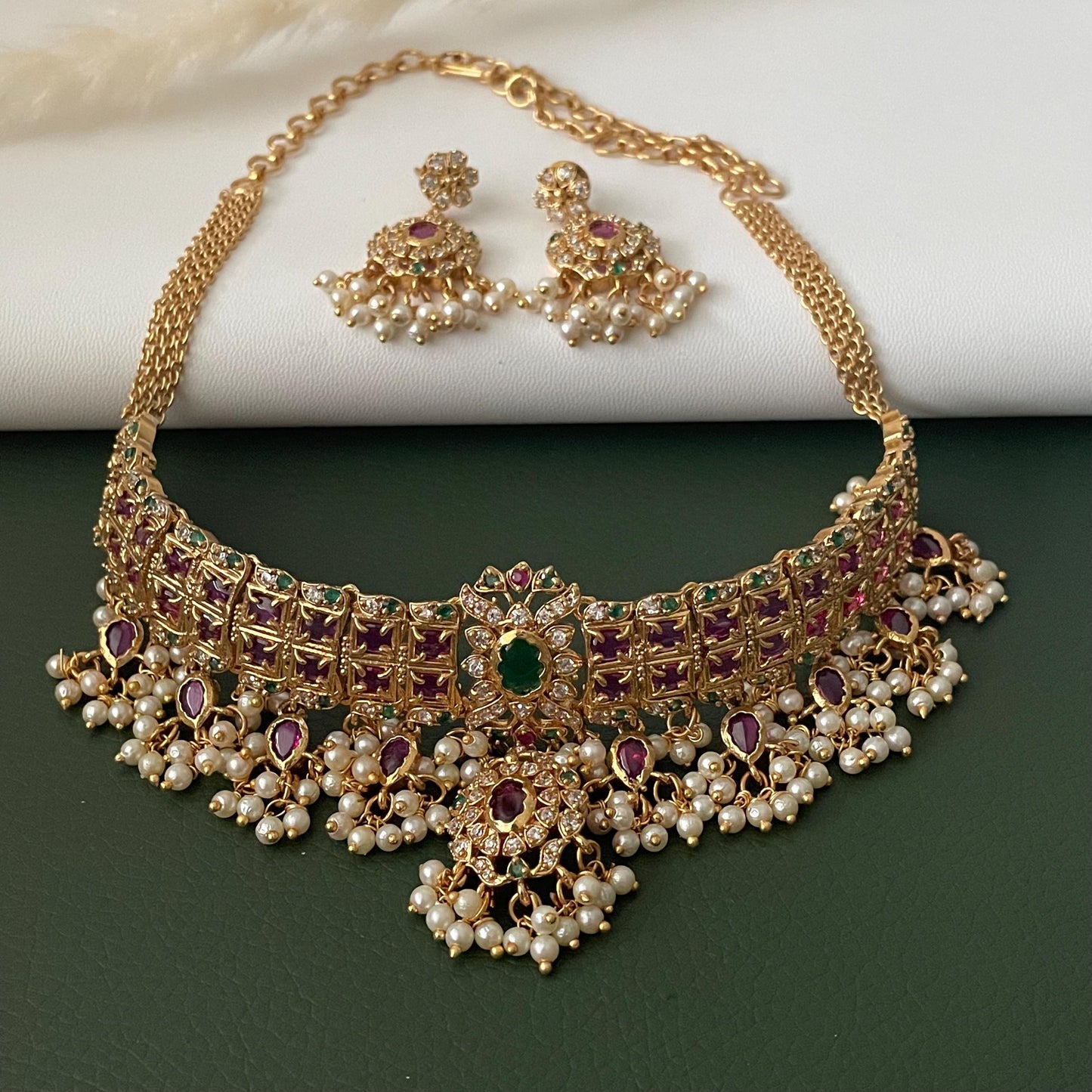 Kemp Stone Gold Plated Necklace Set: Ruby Green Haaram, South Indian Jewelry