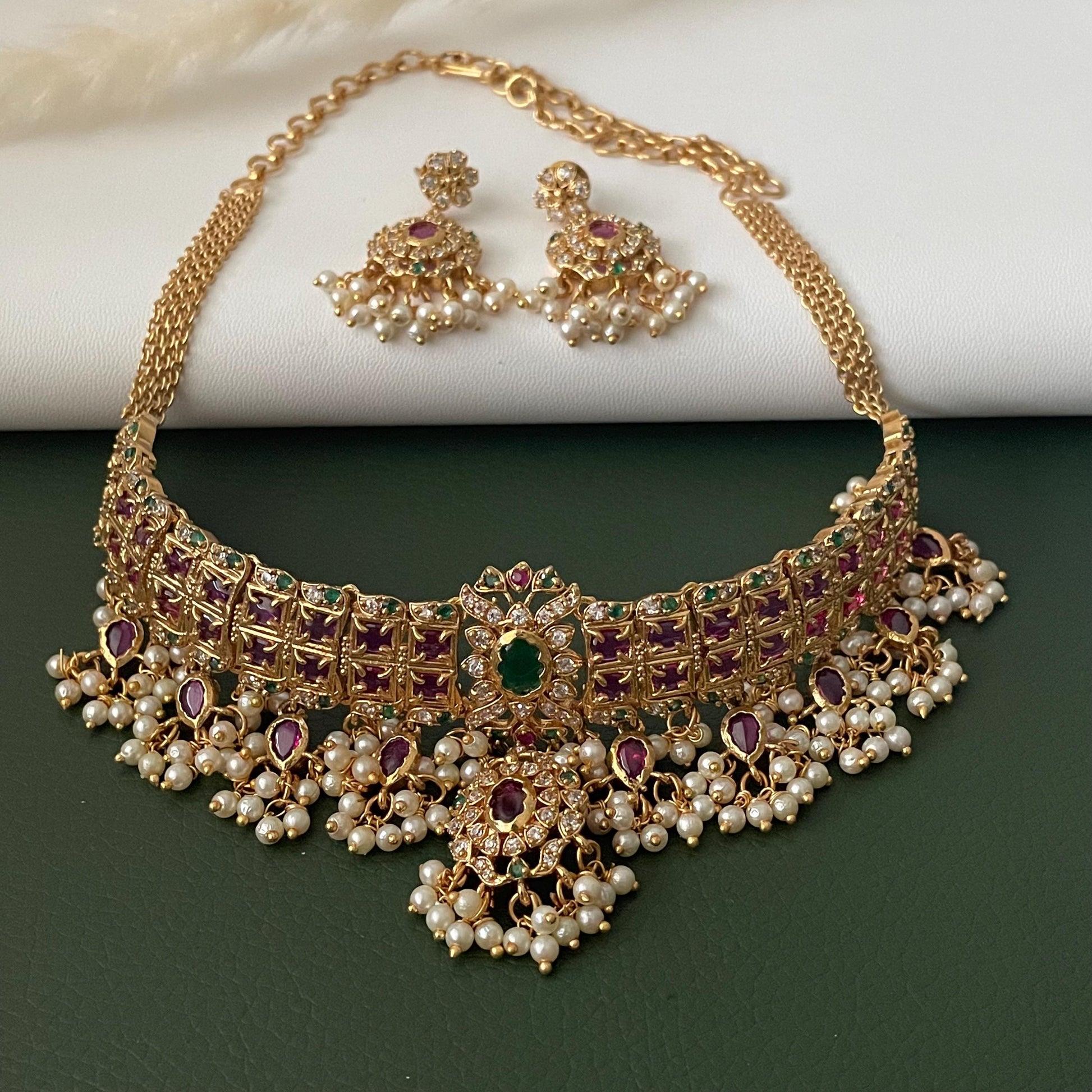 Kemp Stone Gold Plated Necklace Set: Ruby Green Haaram, South Indian Jewelry