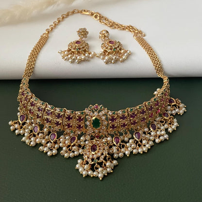 Kemp Stone Gold Plated Necklace Set: Ruby Green Haaram, South Indian Jewelry