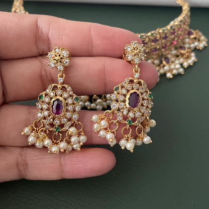 Kemp Stone Gold Plated Necklace Set: Ruby Green Haaram, South Indian Jewelry