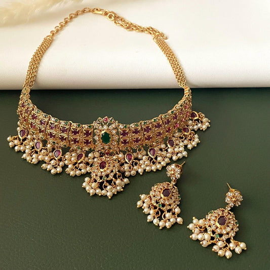 very high quality stunning Ruby Green kemp stones and white Cubic zirconia mukut necklace set in gold plating
