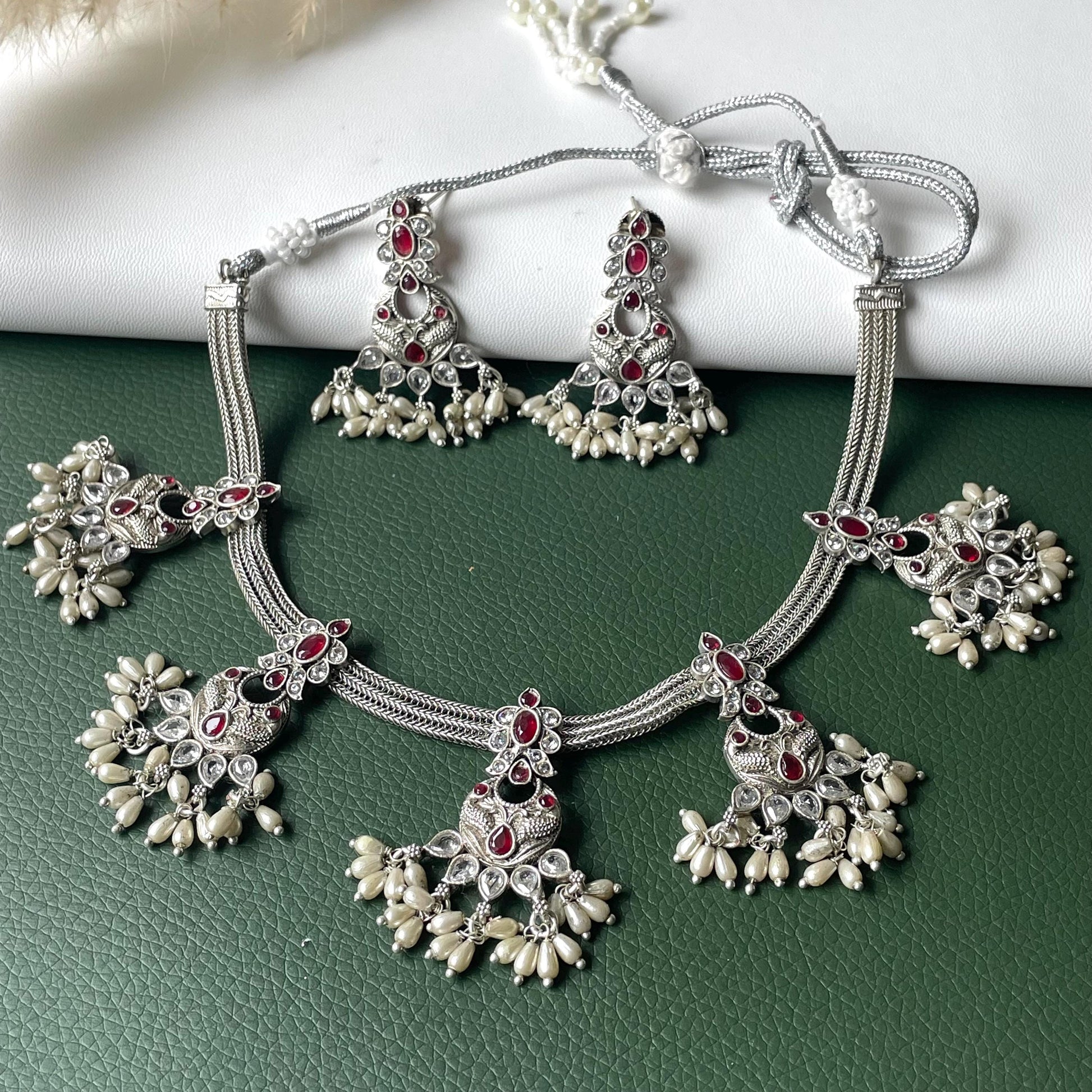 Kemp Stone Silver Necklace Set: Ruby & Pearl Temple Jewelry