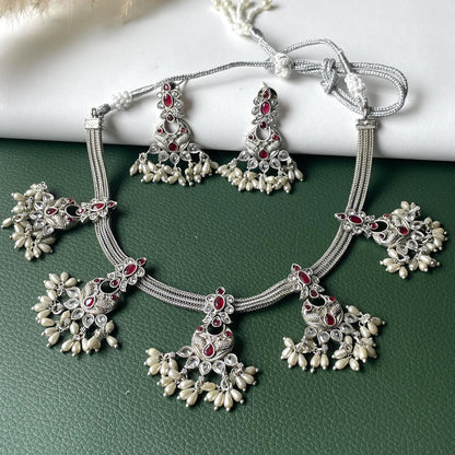 Kemp Stone Silver Necklace Set: Ruby & Pearl Temple Jewelry