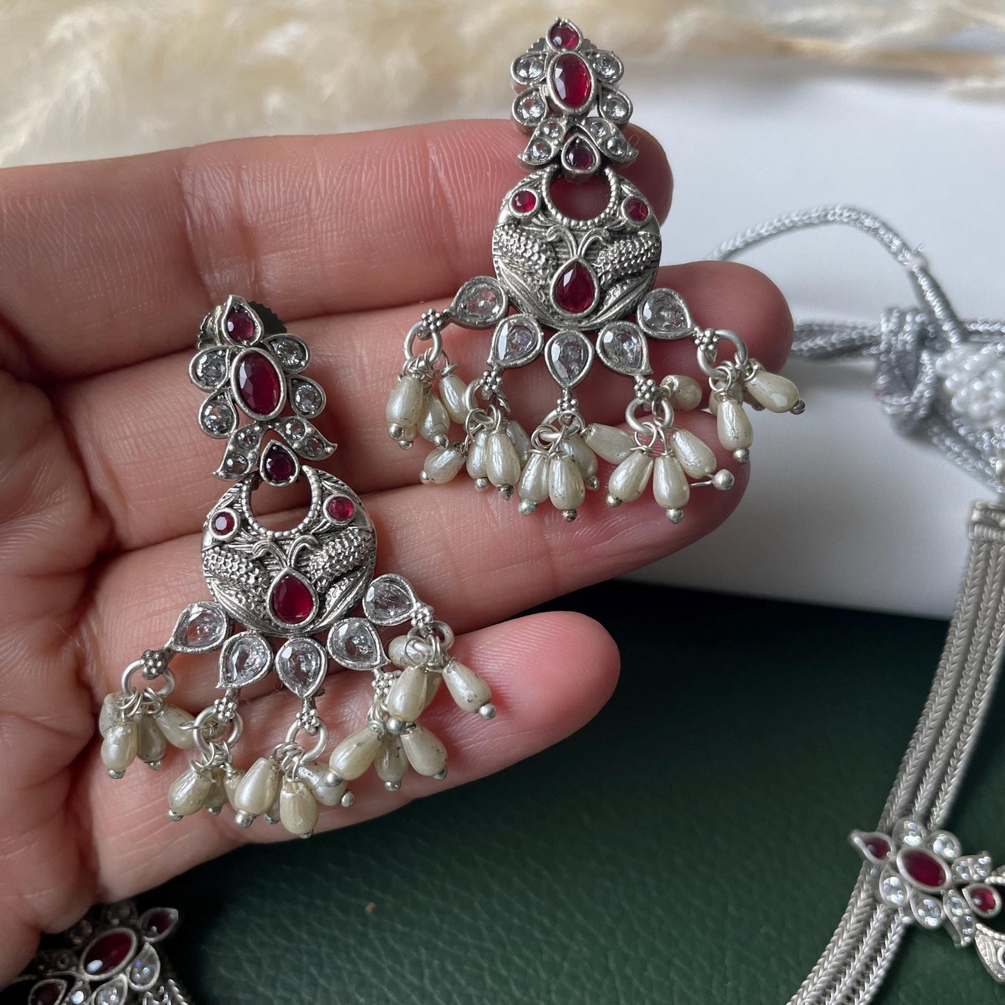 Kemp Stone Silver Necklace Set: Ruby & Pearl Temple Jewelry