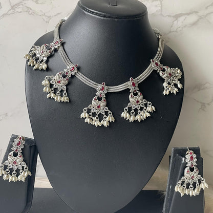 Kemp Stone Silver Necklace Set: Ruby & Pearl Temple Jewelry