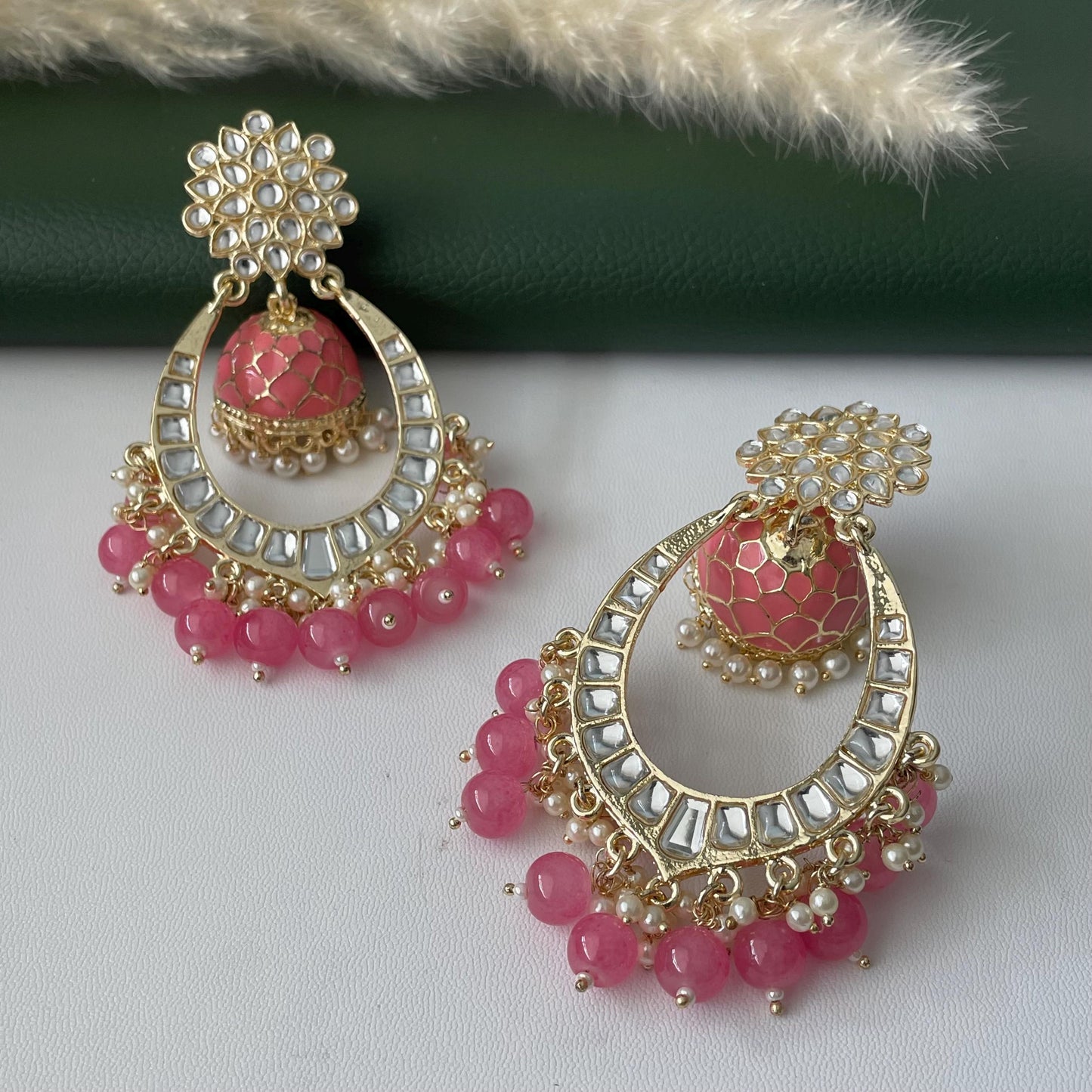 Pink Minakari Pearl Jhumka Earrings: Indian Bollywood Jewelry