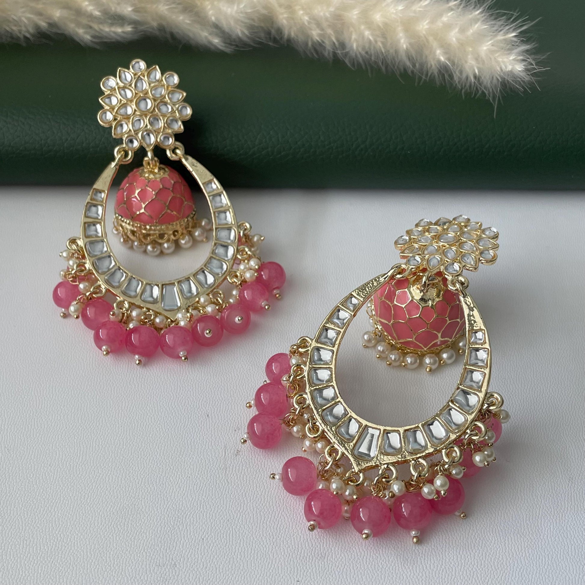 Pink Minakari Pearl Jhumka Earrings: Indian Bollywood Jewelry