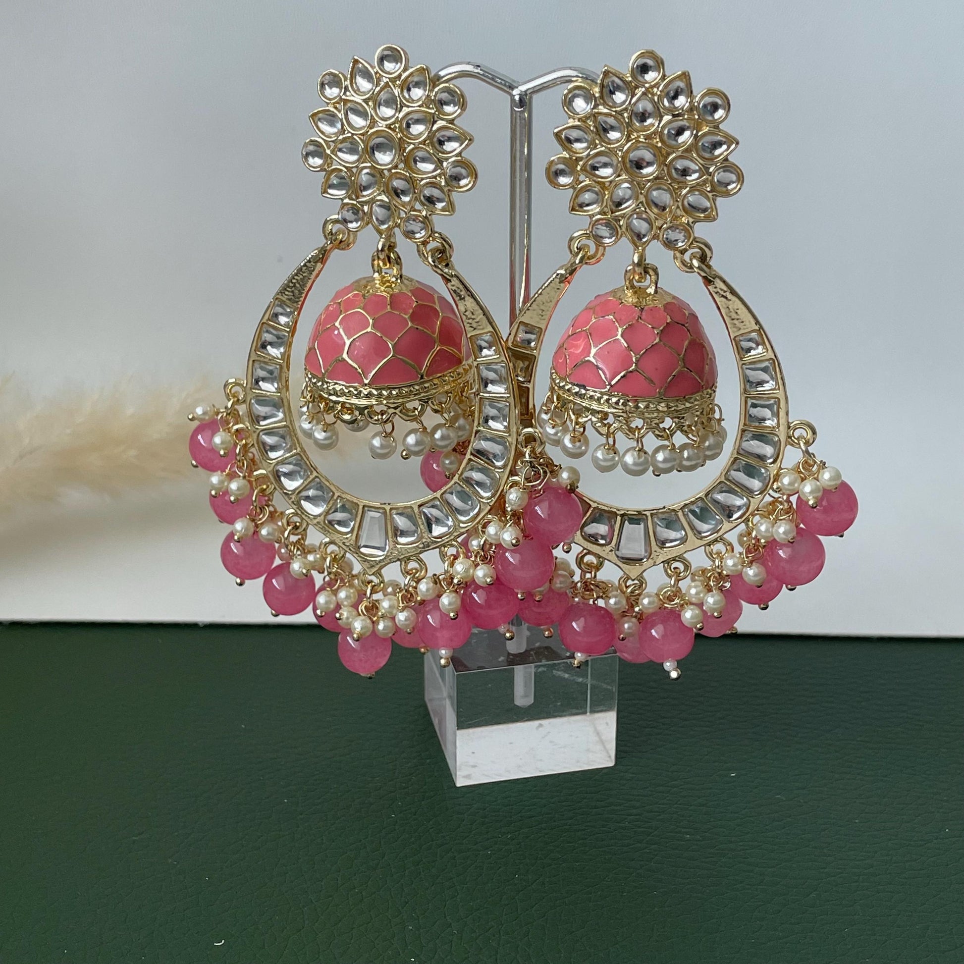 Pink Minakari Pearl Jhumka Earrings: Indian Bollywood Jewelry