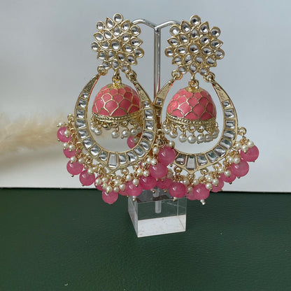 Pink Minakari Pearl Jhumka Earrings: Indian Bollywood Jewelry