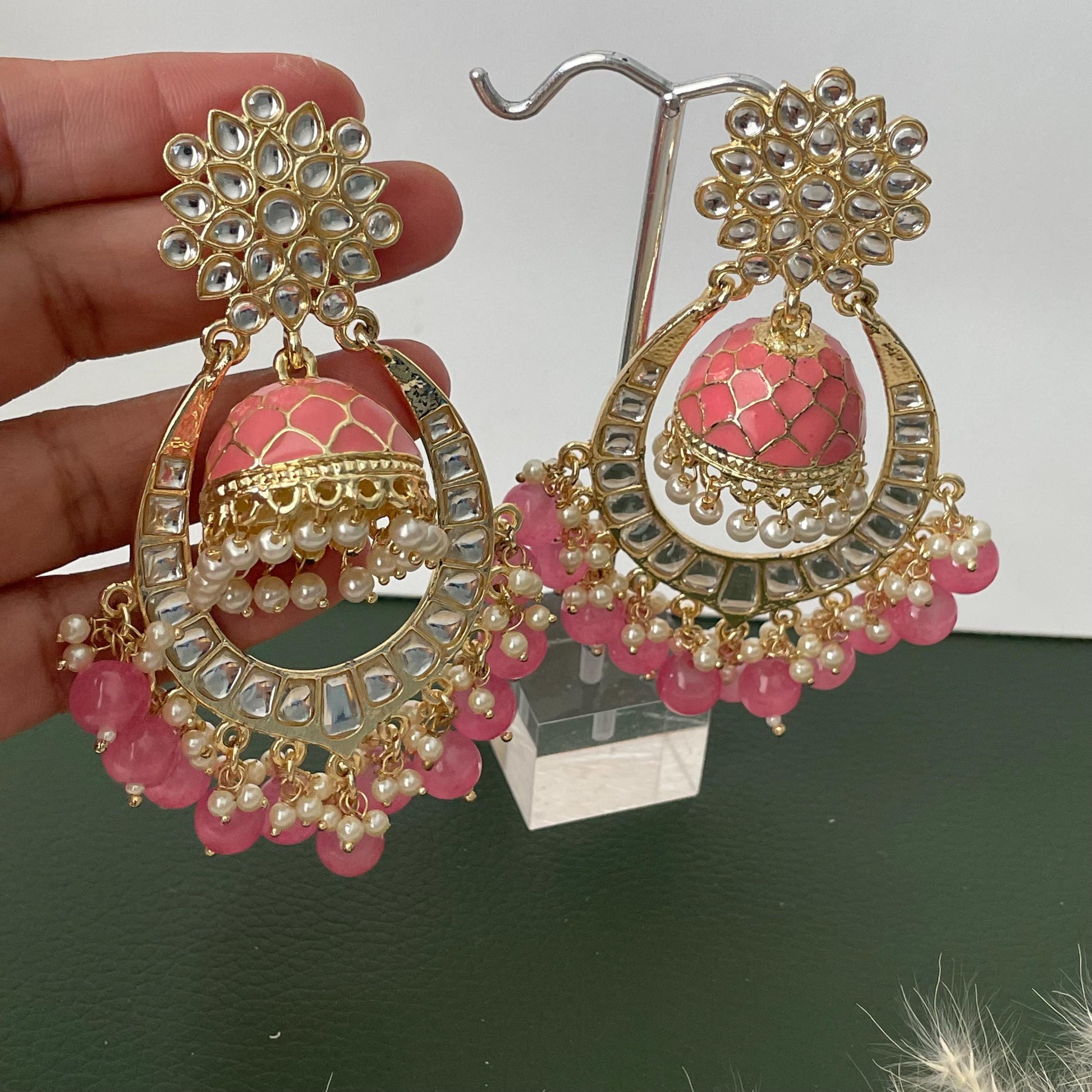 Pink Minakari Pearl Jhumka Earrings: Indian Bollywood Jewelry