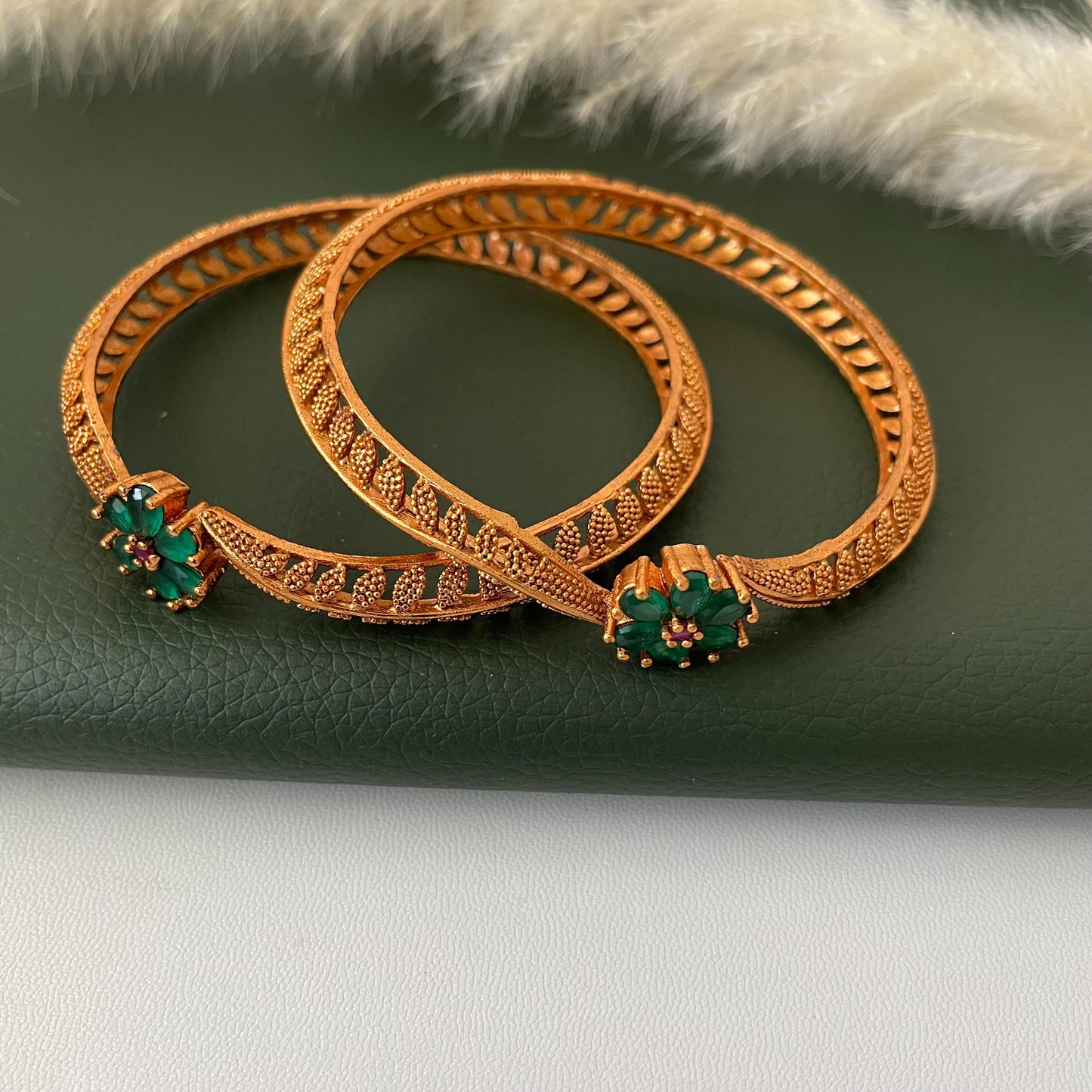 Antique Gold Plated Bangles: Red & Green Flower Lightweight Tode