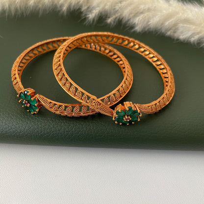 Antique Gold Plated Bangles: Red & Green Flower Lightweight Tode