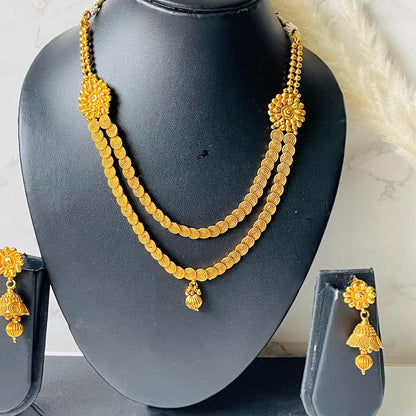 Traditional long gold plated necklace with jhumkis