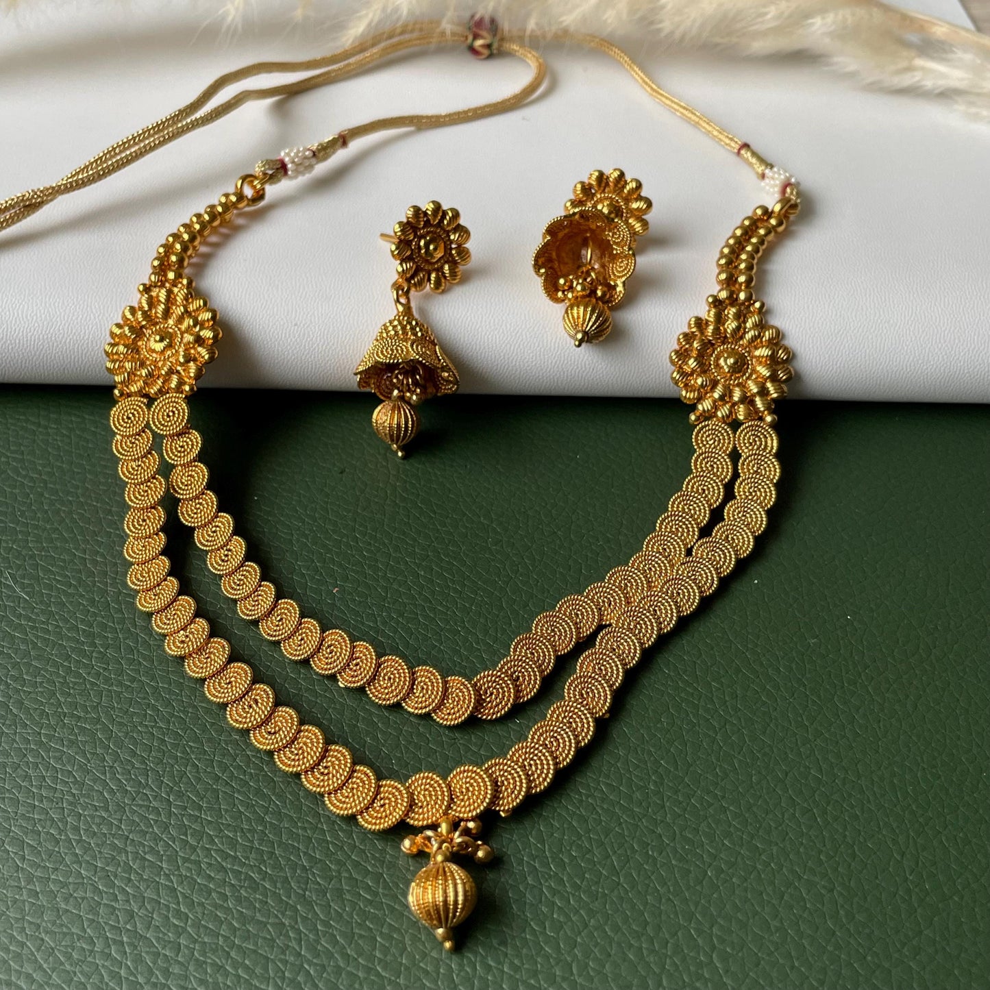 Traditional long gold plated necklace with jhumkis