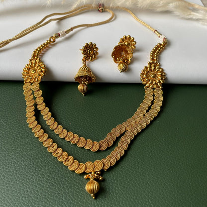 Traditional long gold plated necklace with jhumkis