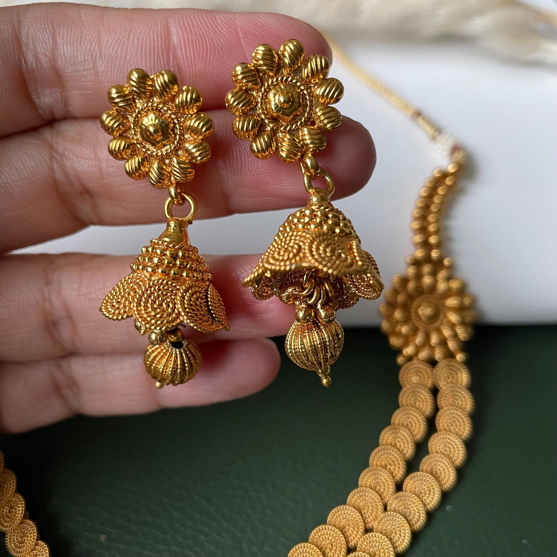 Traditional long gold plated necklace with jhumkis