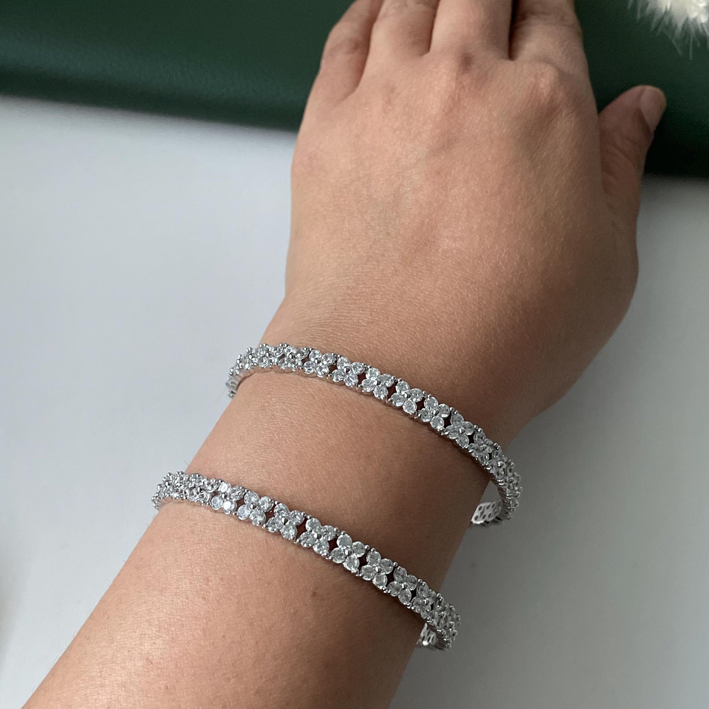 Rhodium Plated Cubic Zirconia Bangles Set of 2