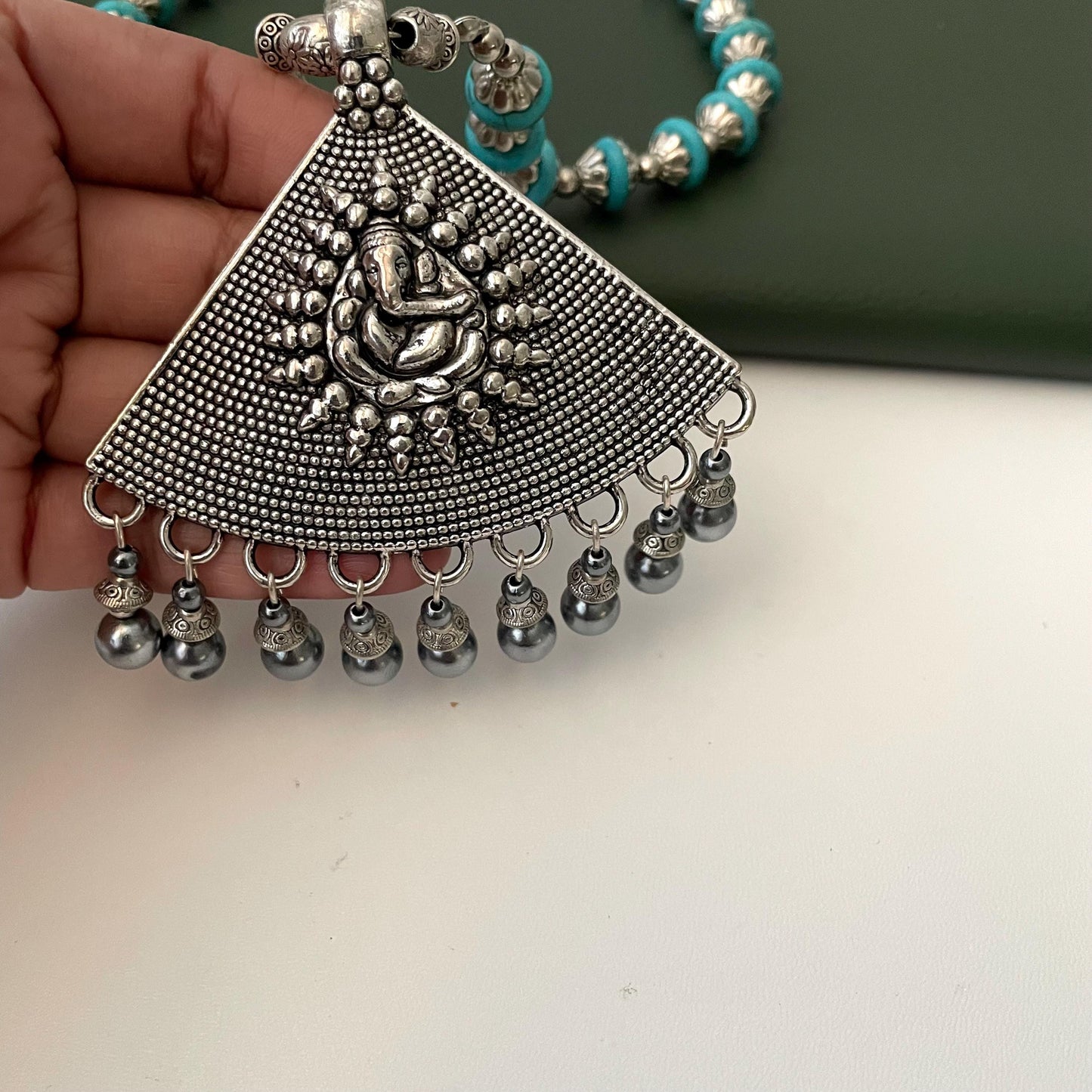 Nysaa Oxidised blue grey Ganapati pendent necklace