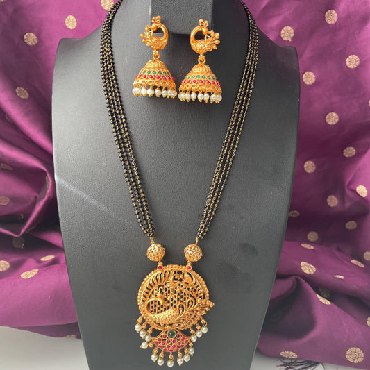Restocked : Gold plated temple themed mangalsutra, black beaded ethnic necklace with jhumkis