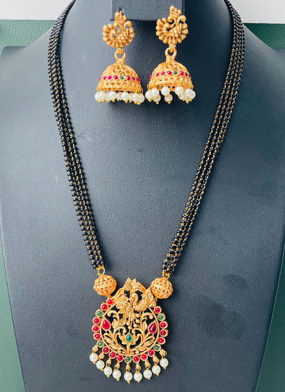 Restocked : Gold plated temple themed mangalsutra, black beaded ethnic necklace with jhumkis