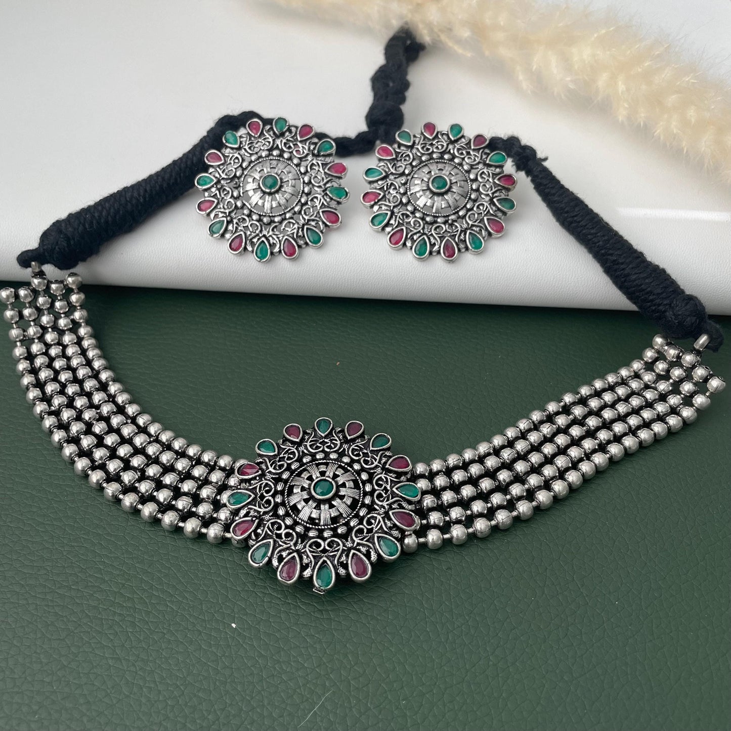Oxidized Kolhapuri Choker Necklace with Stud Earrings: Adjustable Indian Jewelry