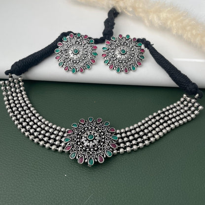 Oxidized Kolhapuri Choker Necklace with Stud Earrings: Adjustable Indian Jewelry