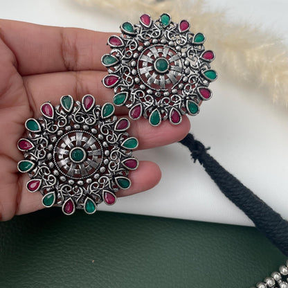 Oxidized Kolhapuri Choker Necklace with Stud Earrings: Adjustable Indian Jewelry