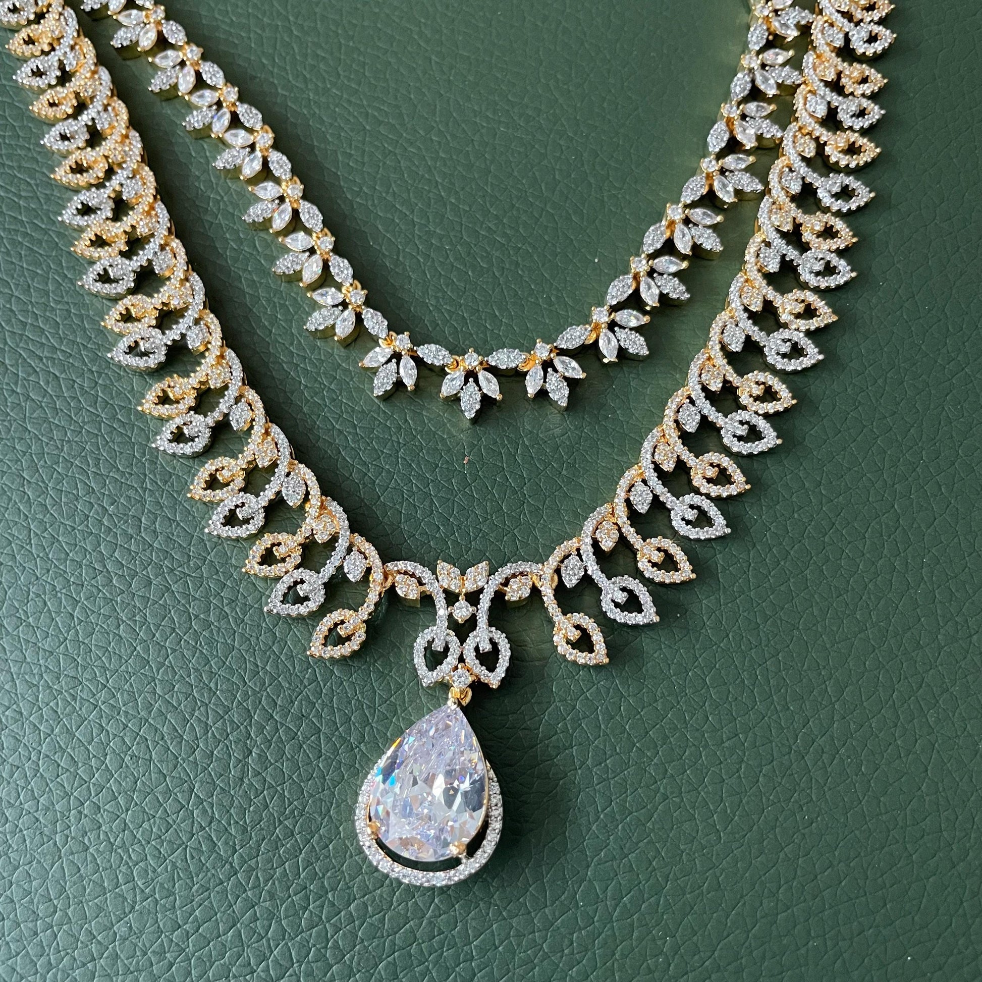 Cubic Zirconia collar necklace set: Two-Tone Gold Plated American Diamond bridal necklace