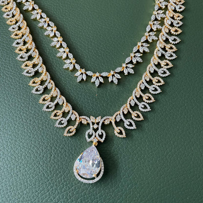 Cubic Zirconia collar necklace set: Two-Tone Gold Plated American Diamond bridal necklace