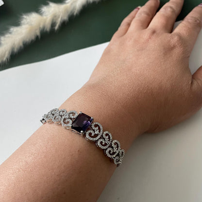 Rhodium Plated Cubic zirconia violet Bracelet: Adjustable Retractable Design