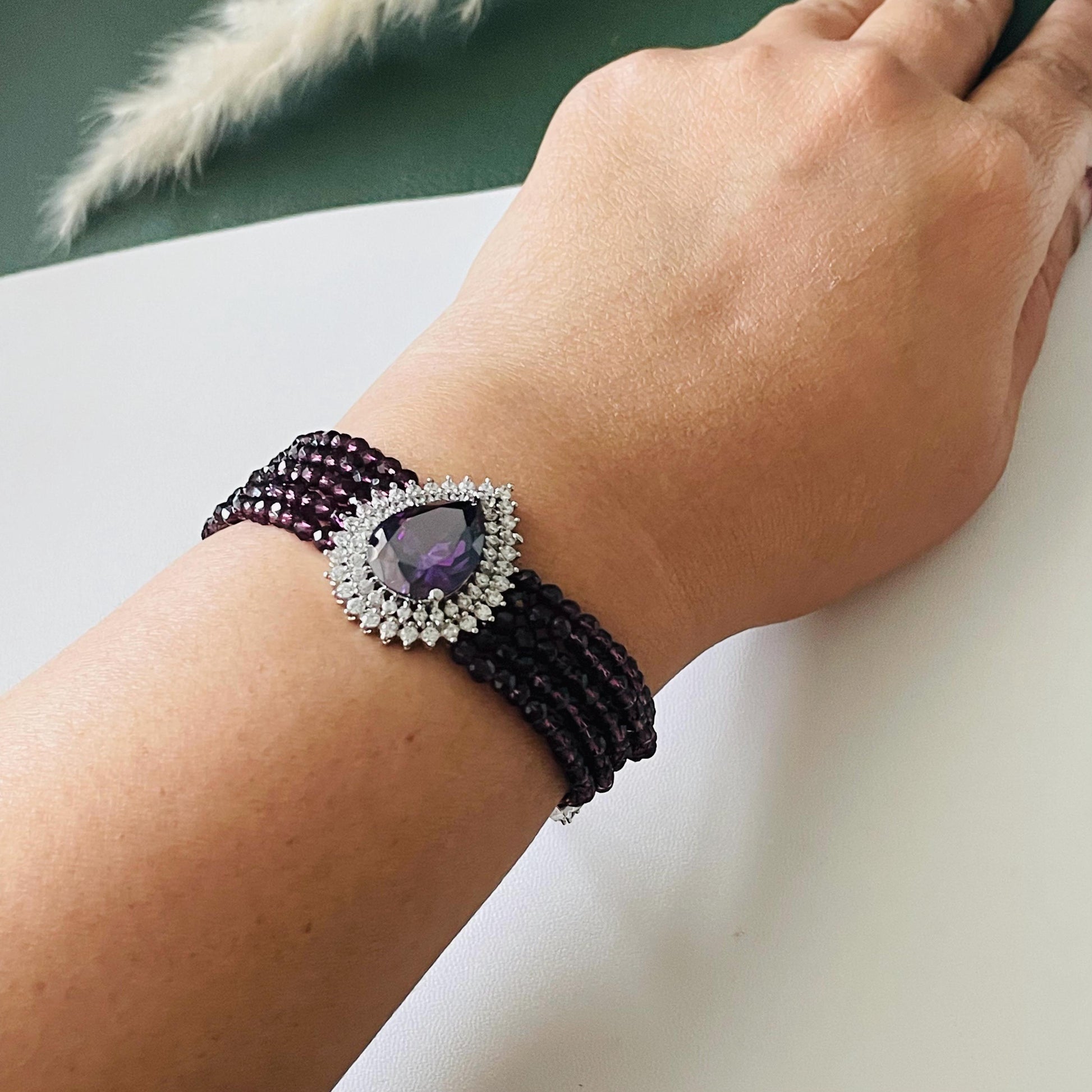 Rhodium Plated Cubic zirconia violet Bracelet: Adjustable Retractable Design