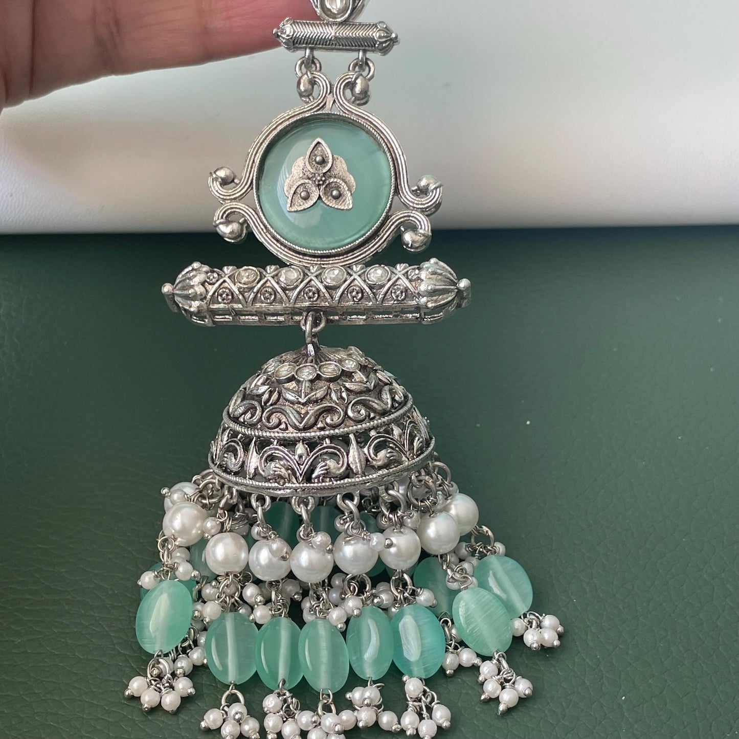 Statement Jhumka Earrings: Silver Lookalike with Blue, Pink & Sky Blue Beads