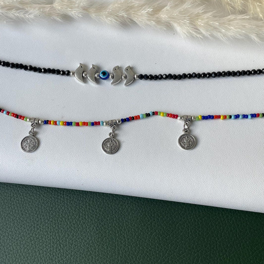 Evil eye black bead or colorful beads anklet