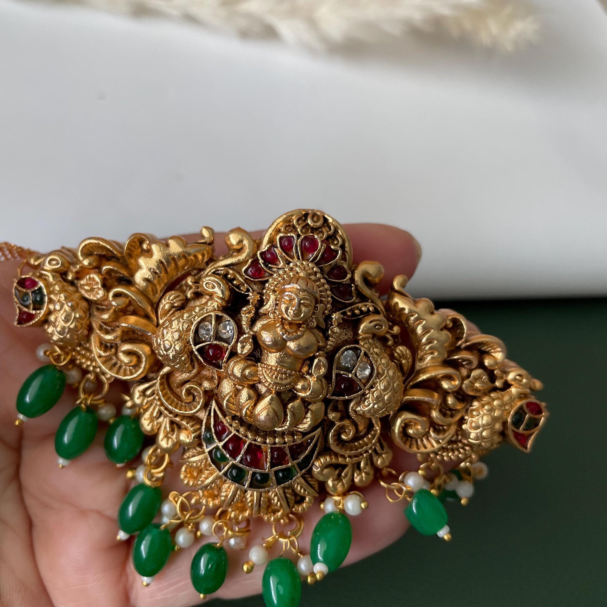 Lakshmi pendent kemp stone antique gold plated choker set with earring in green